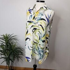 Chicos Shirt Womens 2 Large White Floral Linen Sleeveless No Iron Tropical Tunic